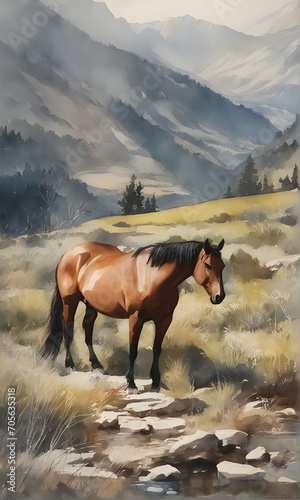 landscape  wild horse  Watercolor  sharp focus  studio photo  intricate details  highly detailed
