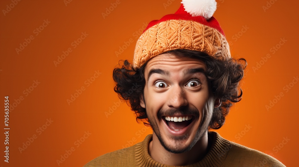 On an orange backdrop, a happy young man wearing a Christmas jumper and a headpiece with reindeer, Generative AI.