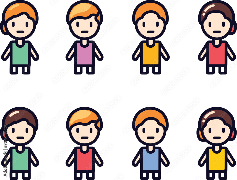 Set of diverse children characters wearing colorful clothes. Flat style kids illustrations with different hairstyles. Diversity, childhood, cartoon kids vector illustration.