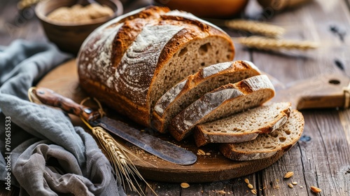 Bread, traditional sourdough bread cut into slices on a rustic wooden background. Concept of traditional leavened bread baking methods. Healthy food.  photo