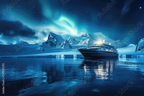 expedition cruise ship north pole cold ice berg northern lights in sky  © Straxer