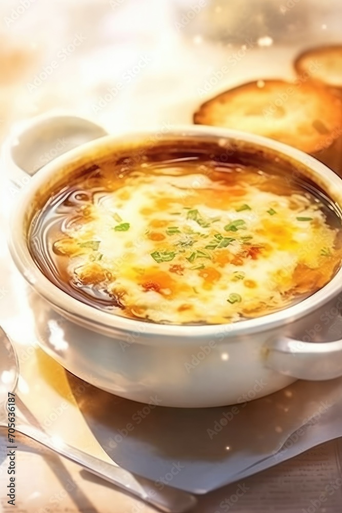 Delicious onion soup with croutons in a plate on the table. French cuisine. Delicious onion soup with croutons in a plate on the table. French cuisine.
