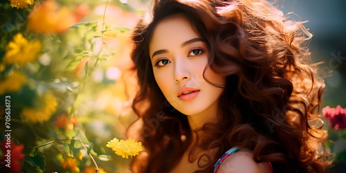 Asian woman sporting glossy curls and a makeup style that radiates a healthy and natural glow.