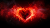 Red neon glowing heart shape of love burning