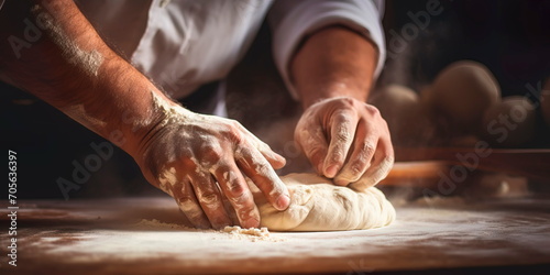 Close-up shots of a baker's hands expertly kneading dough, shaping bread .