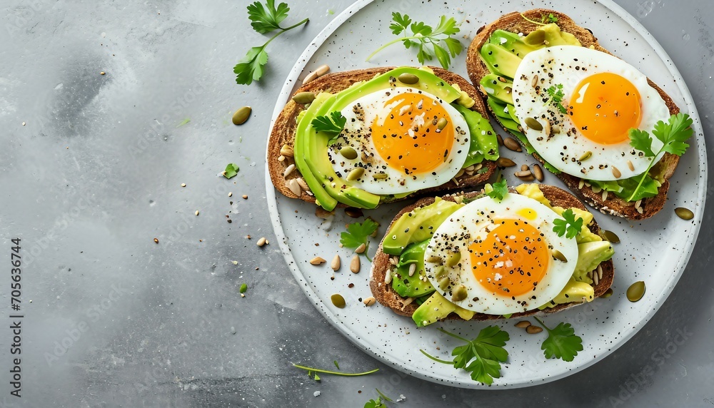 Avocado plated whole grain toast with eggs, fresh mini herbs, sunflower seeds, Plate of assorted healthy avocado toasts. Eggs, tomatoes and cucumber spinach. Avocado plated whole grain toast with eggs, fresh mini herbs, sunflower seeds, Plate of assorted healthy avocado toasts. Eggs, tomatoes and cucumber spinach.