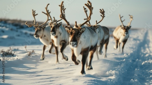 A dynamic image capturing a herd of reindeer running across a snow-covered field. Perfect for winter-themed designs and wildlife-related projects © Fotograf