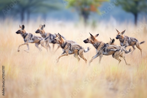 pack of african wild dogs chasing impala in savannah