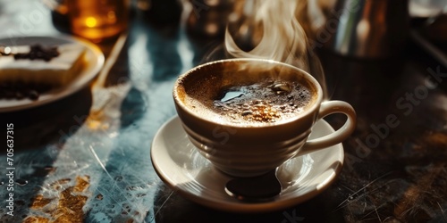 A simple image of a cup of coffee placed on a saucer on a table. Perfect for illustrating coffee breaks or cozy cafe scenes