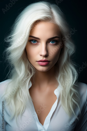 Woman with long white hair and blue eyes is posing for picture.