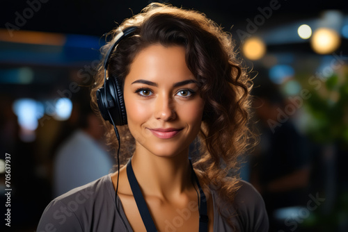 Woman wearing headphones and smiling at the camera.