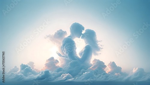 Silhouettes de couple amoureux dans les nuages avec clair de lune ou rayon de soleil, idéal pour st Valentin, mariages, romantisme, amour photo