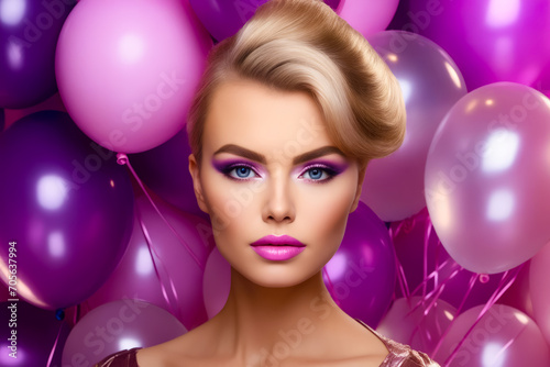 Woman with blue eyes and pink lip is surrounded by balloons.