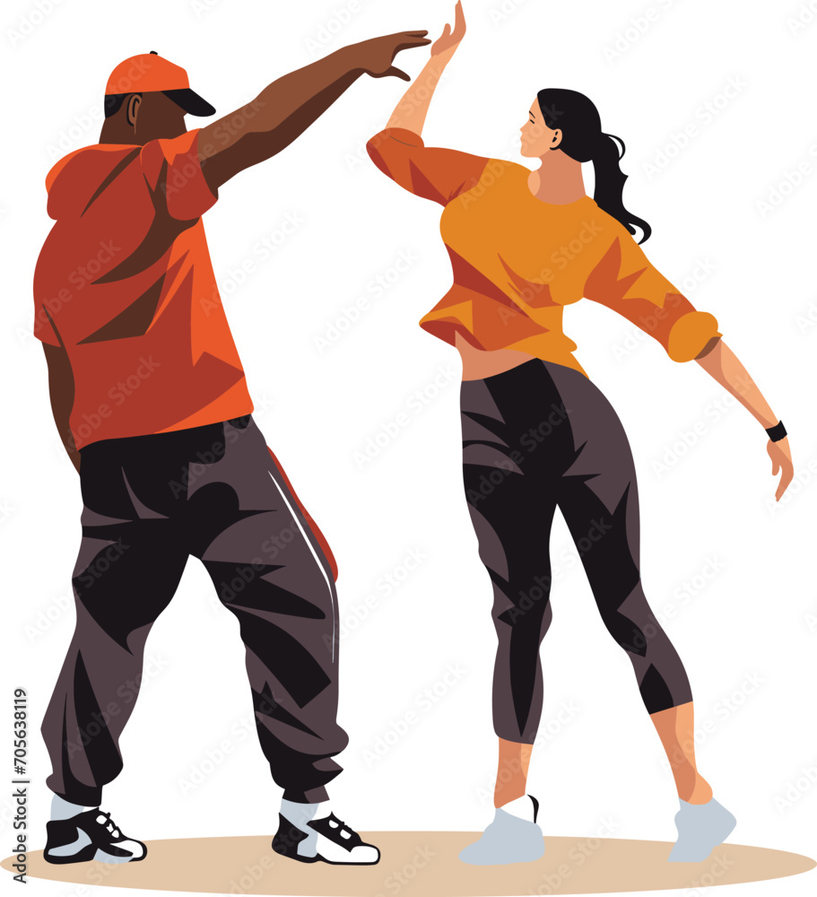 Black man and Latina woman dance together, showing a hip hop high-five. Urban street dancers in action. Dynamic dance moves and modern street style vector illustration.