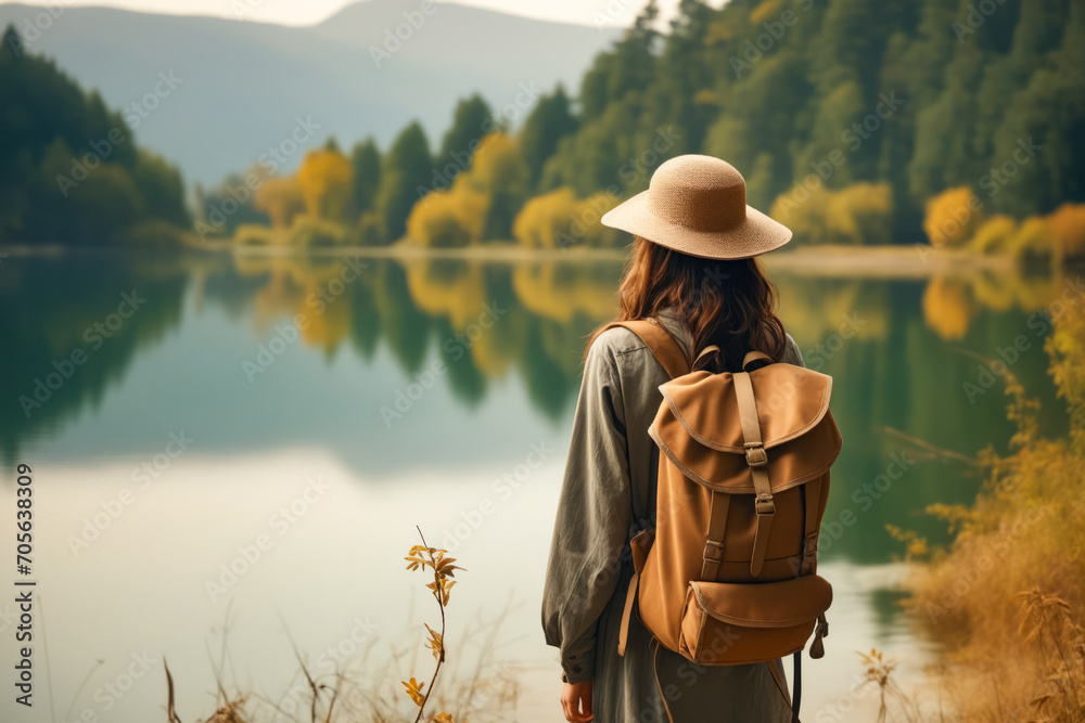 Person with backpack and hat looking at lake.