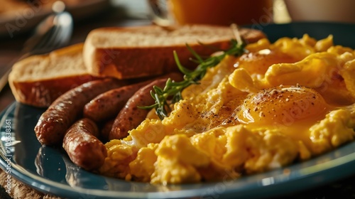 A blue plate with a delicious serving of eggs and sausage. Perfect for breakfast or brunch.