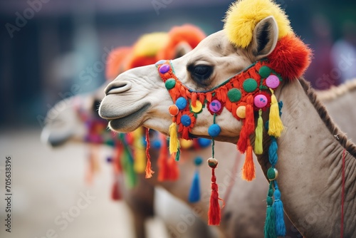 side profile of camels with colorful tack photo