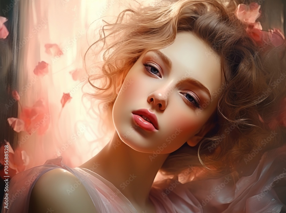 Elegant woman with soft makeup posing in a pink silk dress, exuding luxury and femininity.