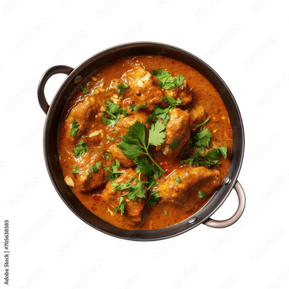 Indian butter chicken curry in balti dish on white.
Indian butter chicken curry in balti dish on white.