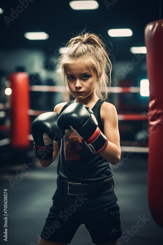 Young girl wearing boxing gloves in boxing ring. © valentyn640
