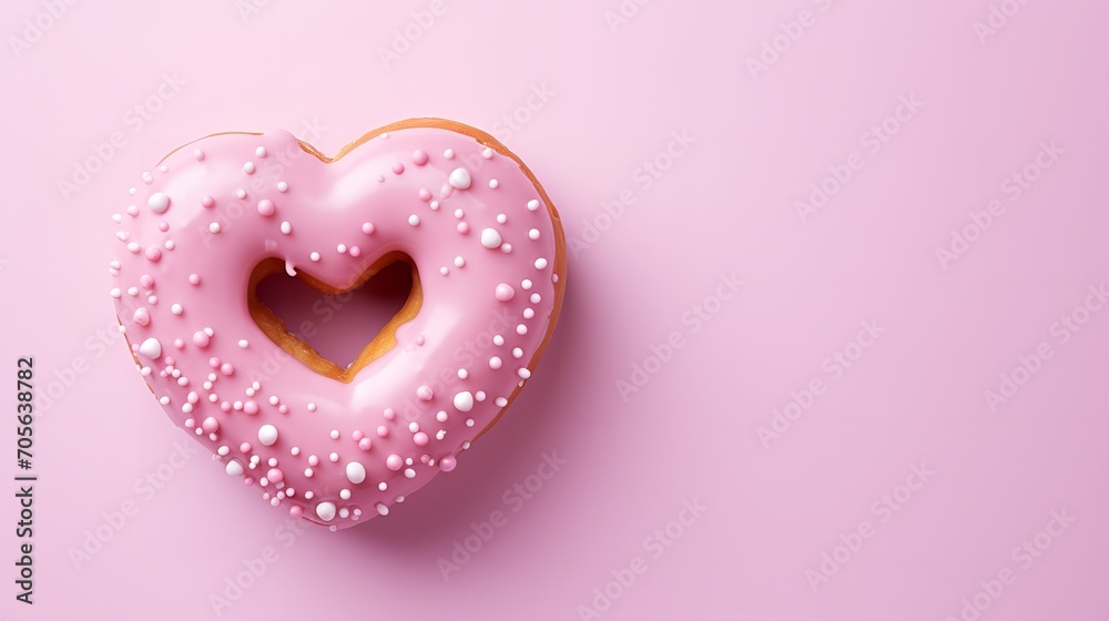 Sprinkles and a heart-shaped doughnut on a pink backdrop, copy space, Generative AI.