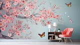 Simple interior design with a 3D wall painting of flowers and butterflies and a table and armchairs, Generative AI.