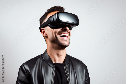 Man wearing leather jacket and virtual reality headset. © valentyn640