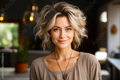 Woman with necklace on her neck smiling at the camera. © valentyn640