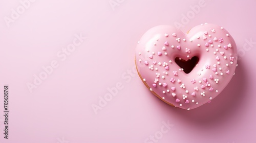 Sprinkles and a heart-shaped doughnut on a pink backdrop, copy space, Generative AI.