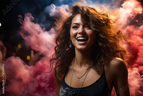 Woman with long hair and necklace smiling in smoke.