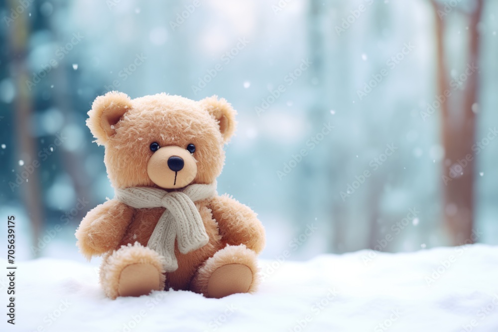 stuffed teddy bear sitting in the snow