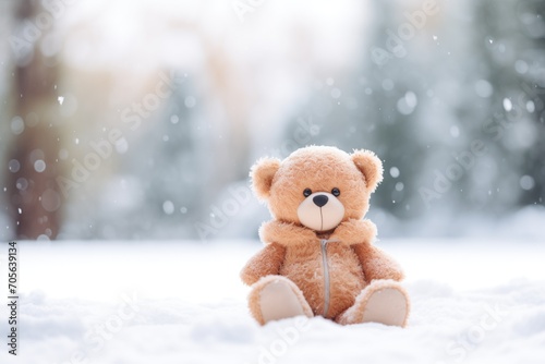 stuffed teddy bear sitting in the snow © studioworkstock