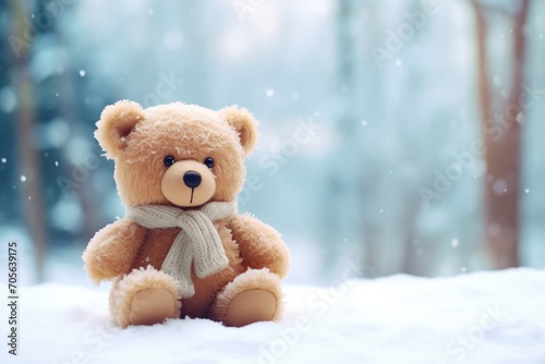 stuffed teddy bear sitting in the snow