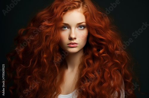 Independent Long curly red hair girl. Fashion person studio photo shot. Generate Ai