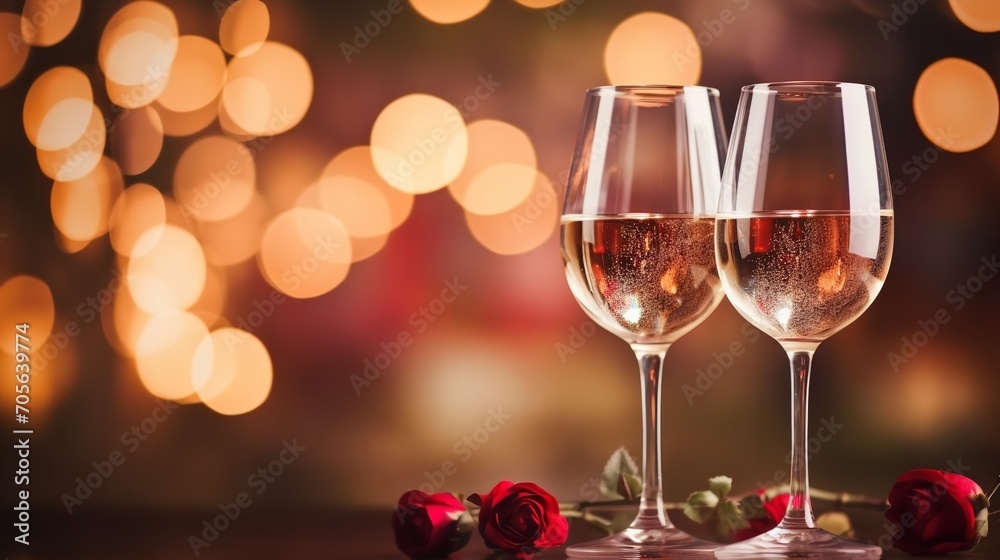 Two white wine glasses adorned with red roses for Valentine's Day, love, romantic, space, Generative AI.
