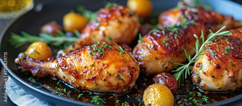 Roasted chicken legs quarters with fruity wine sauce.