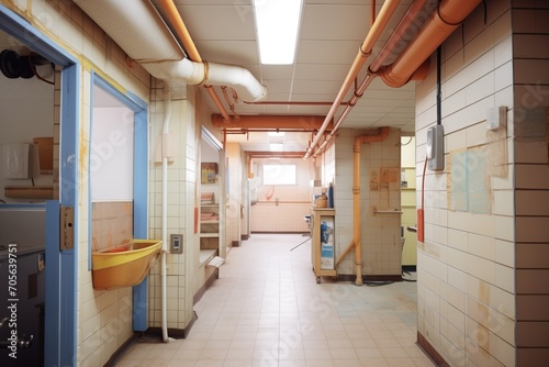 long, narrow hallway in a basement with pipes