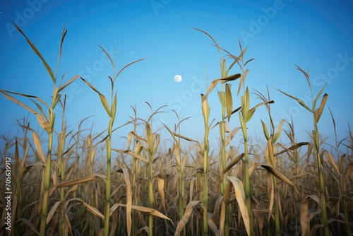 moonlit cornfield with crows perched on stalks