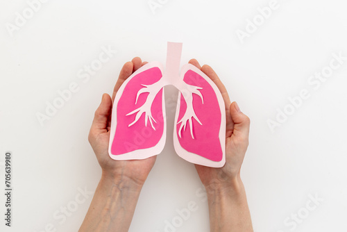 Paper lungs organ model in human hands, top view. Medical concept