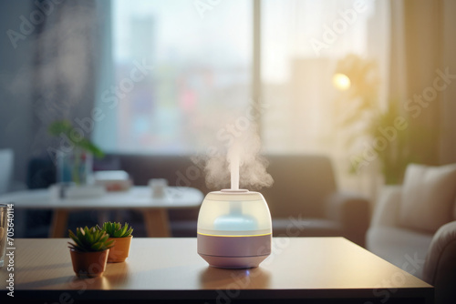 A diffuser stands on a table in a room against the background of a window. photo