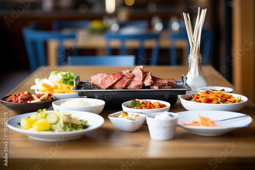korean bbq grill table with side dishes