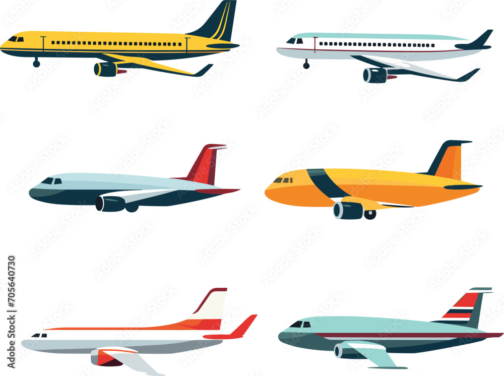 Collection of various commercial passenger airplanes in flight and on ground. Side view of different airlines and airplane models. Air travel and transportation vector illustration.
