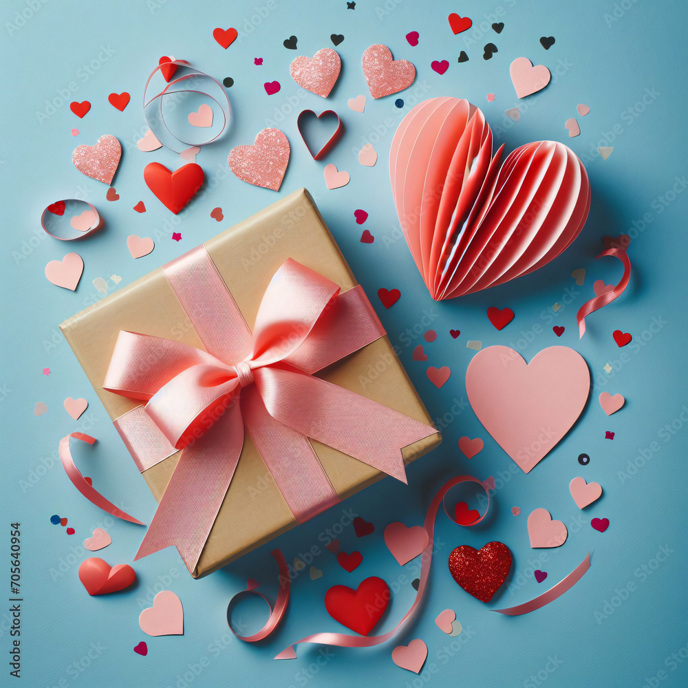 Romantic Elegance: Flat Lay Style Valentines Day Greeting Card with Gift Box, Paper Heart, and Confetti.