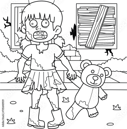 Zombie Child with Plushie Coloring Page for Kids