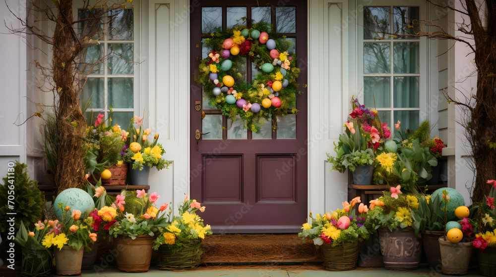 House entrance staircase at home decorated for easter. Wooden porch of house with different flowers. Terrace of summer house. Spring design home with bloom flowers and decoration lanterns on steps.