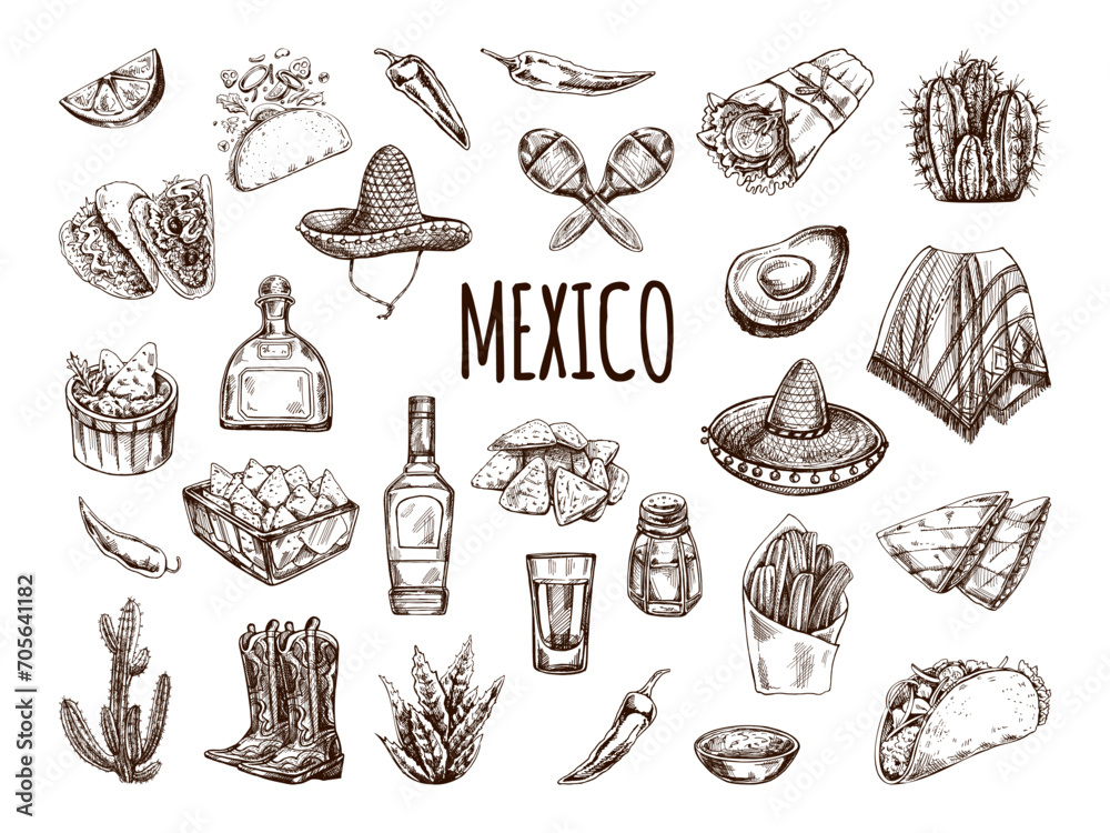 Hand-drawn set of realistic mexican elements. Vintage sketch drawings of Latin American culture. Vector ink illustration. Mexican culture. Latin America.