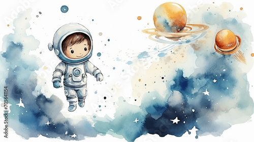 children's illustration of a child watercolor astronaut on a white background, a fairy tale about space flight photo