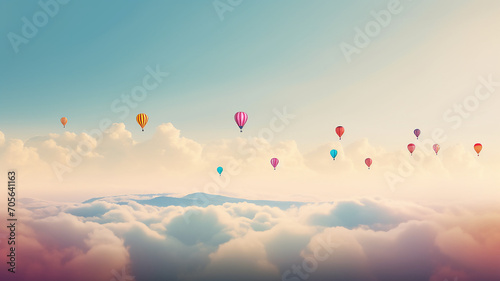 panorama of multicolored balloons in the sky above the clouds, background, space, freedom and happiness