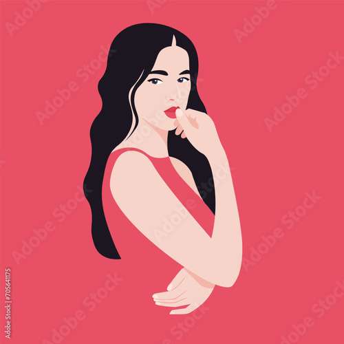 A young Asian woman is thinking and making a decision. Portrait of standing fashion model. Problems and solution. Vector flat Illustration