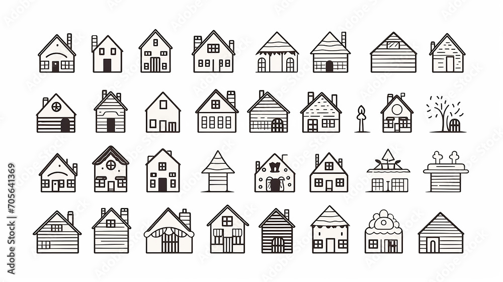 collection of icons of small houses isolated on a white background, flat minimalism graphics, set of illustrations of simple houses collection of icons of small houses isolated on a white background, flat minimalism graphics, set of illustrations of simple houses